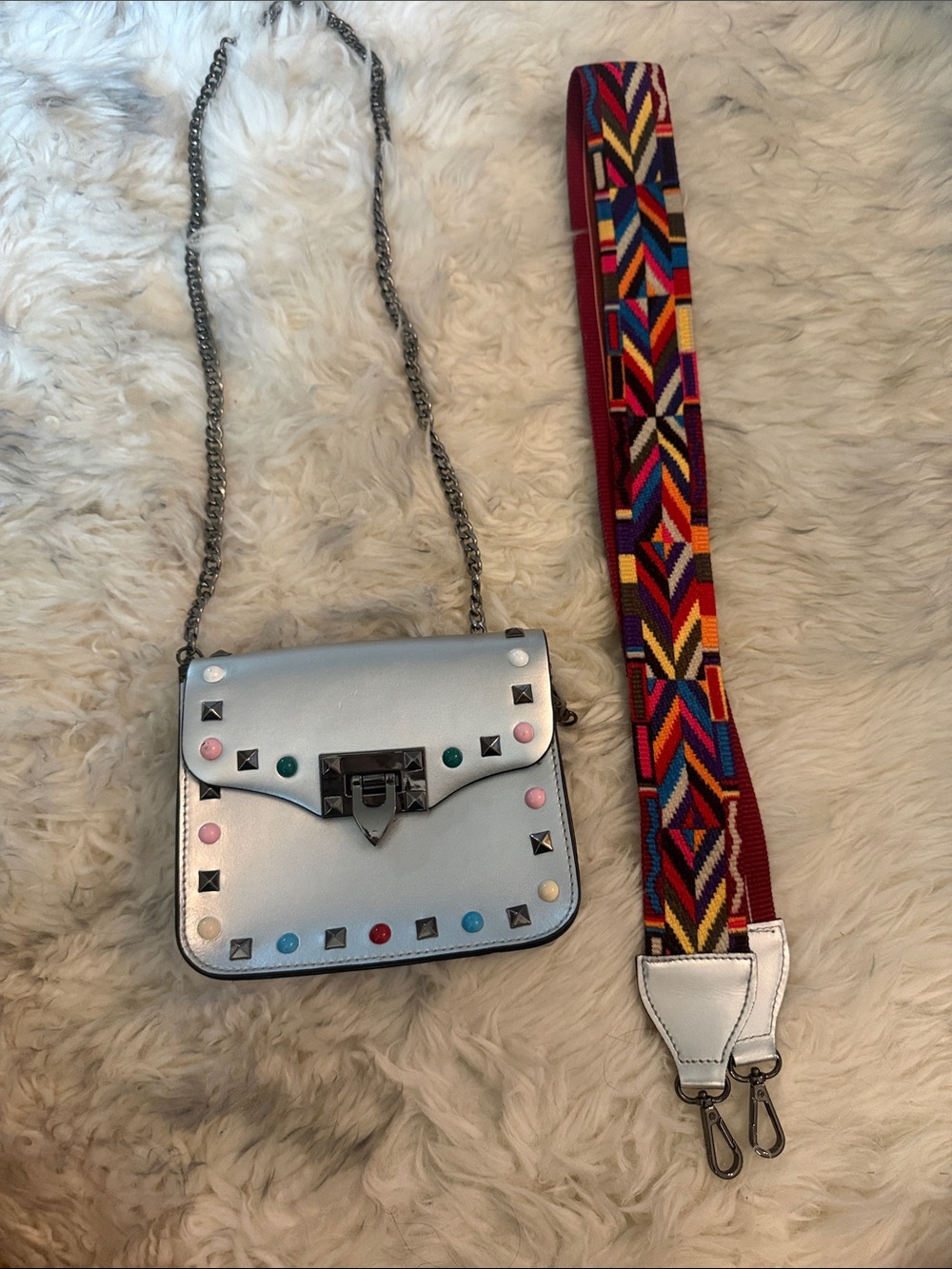 Vera Pelle Metallic silver  Crossbody with Multicolor Studs and 2 Straps